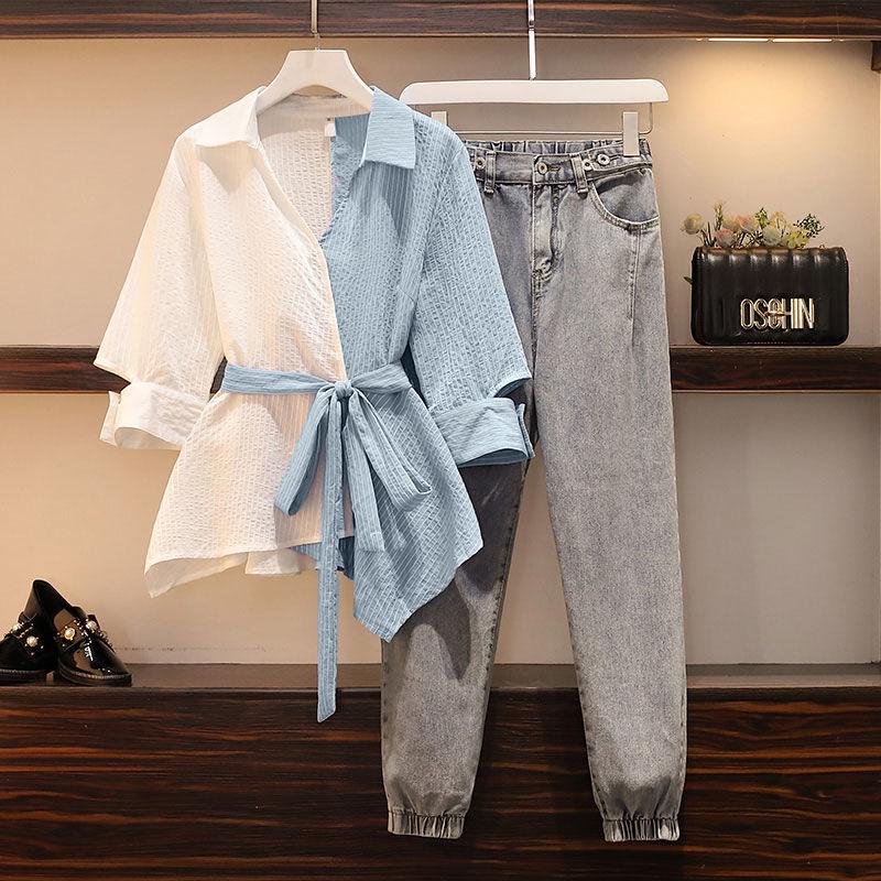 Spring Women Half-sleeve Asymmetrical Blouse Denim Jeans  Plus Size Pants Set