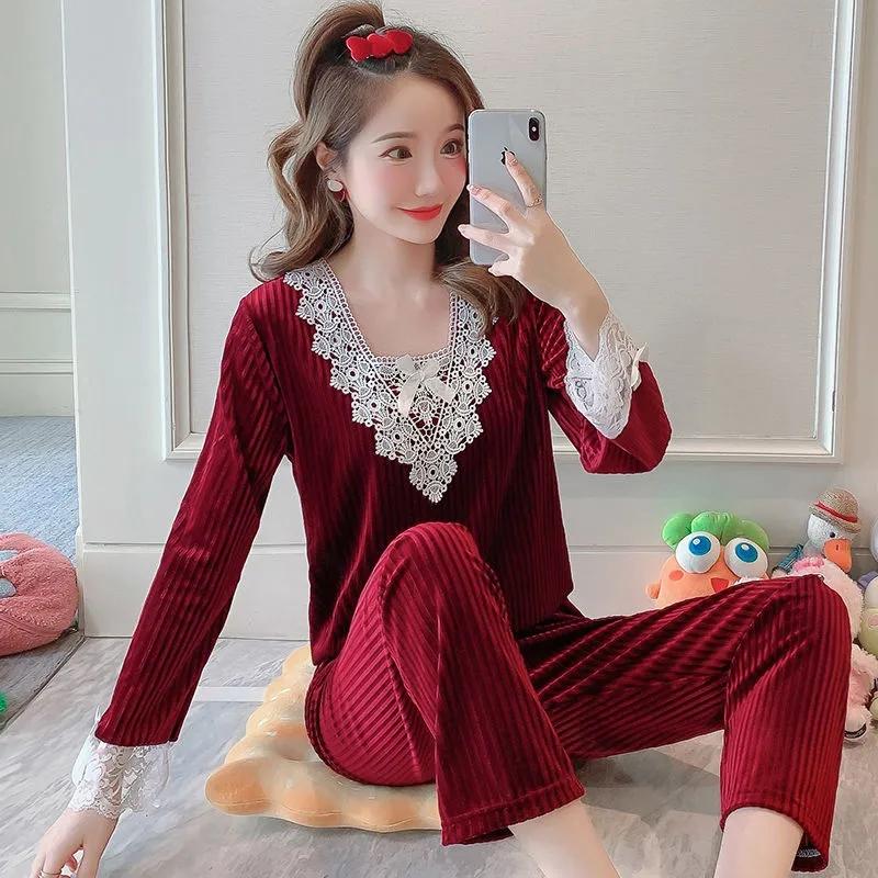 Winter Large Size Gold Velvet Pajamas Set Women's Lace Long-sleeved Sweet Home Wear Two-piece Loose Striped Square-neck Sleeping Suit