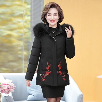 Winter Down Cotton Jacket Fashion Fur Collar Hooded Mid-length Jacket Thick Warm Cotton Jacket Suitable for Middle-aged Women