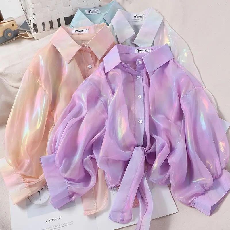 Rainbow Shiny Chiffon Shirt Sun Protection Shirt Loose Long Sleeve Cardigan Women's Thin Coat Casual Top  Women Shirts