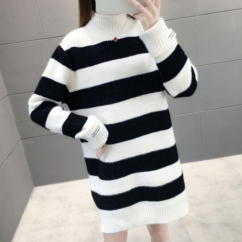 Autumn and Winter Mohair Sweater Skirt Mid-length Plus Velvet Thick Bottoming Shirt Loose Striped Women's Dress