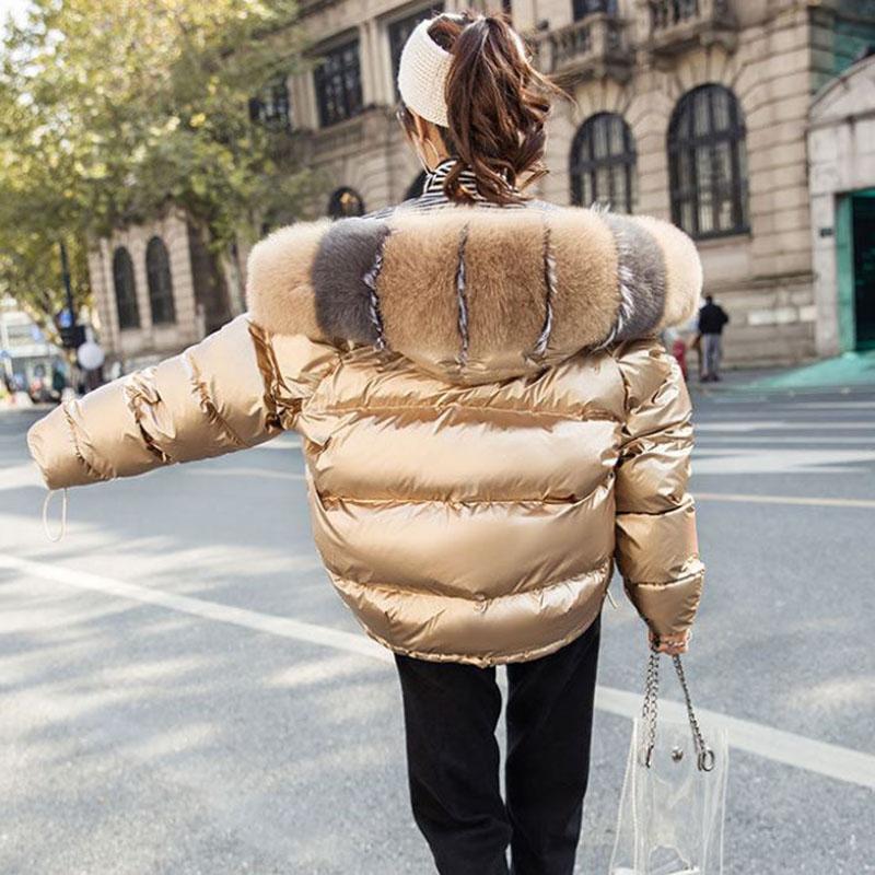 Women's Fashion Winter Warm Down Jacket Thicken Slim Shiny Jacket Outdoor Hooded Big Fur Collar Parka