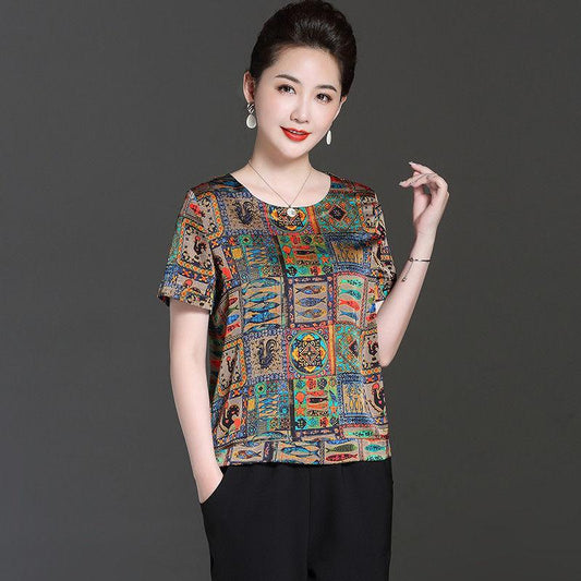 Summer New Middle-aged Mothers Wear Short-sleeved Ice Silk T-shirt Female Printing Ethnic Style Large Size Bottoming Shirt Top