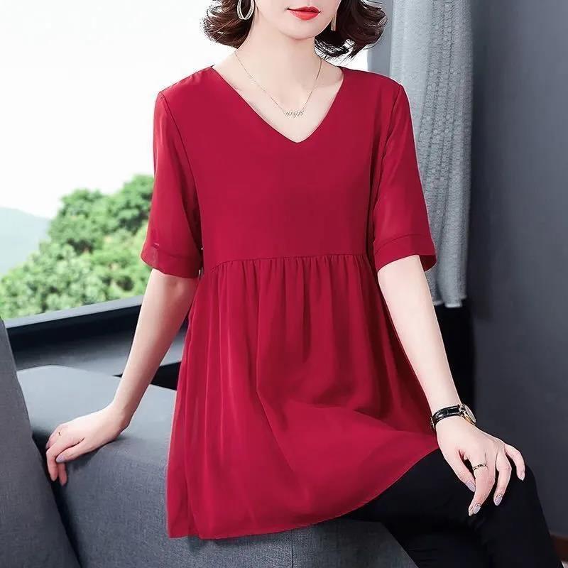 Summer Women's Loose Chiffon V-neck Short-sleeved Large Size All-match Casual Top