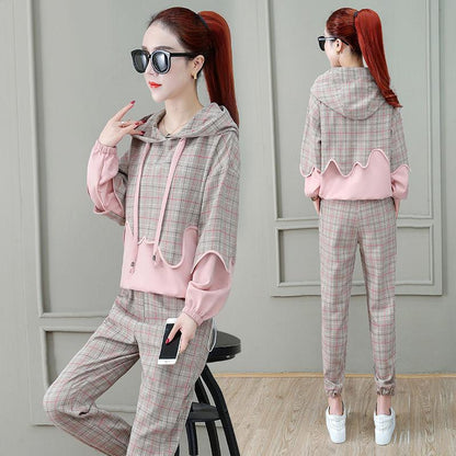 2pcs/set Women Sweatshirt Set Drawstring Plaid Sweatshirt Hoodies+Pants 2 Piece Set Women's Sports Suit Female Sportwear Hoodies Suit