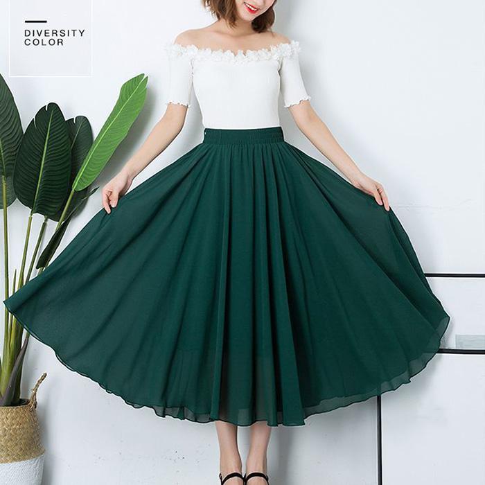 Women Vintage Elegant  High Waist A-line Chiffon Skirt Long Pleated Skirt