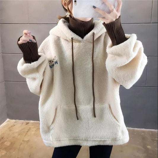 Faux Lamb Plush Hoodie Women's Fall/winter Loose Hooded Plus Velvet Thick Coat Women's Simple Warm Jacket Is Soft and Comfortable