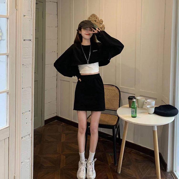 2PCS Personality Short Suit Letter Casual Sports Style Athletic Girl Long Sleeve Ultra Short Sweater Women + Hip Skirt Two-piece Set