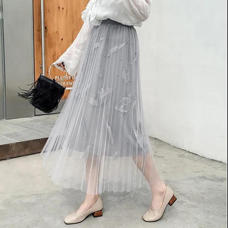 Half-length Skirt Female Four Seasons Can Wear Heavy Beaded Feather Embroidery Three-layer Fabric Mesh Sweet Pleated Fairy Long Skirt