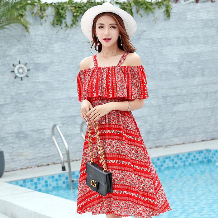 Pofulove Women Sexy Off Shoulder Strap Dress Mid-length A-line Sun-dresses Bohemian Beach Dress