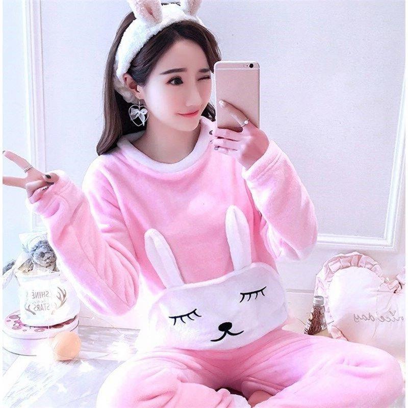 Autumn and Winter Flannel Plus Size Women's Pajamas Long-sleeved Trousers Thickened Plus Velvet Home Service