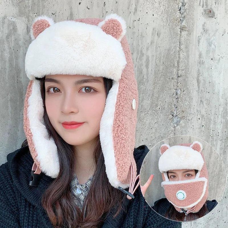 Women's Autumn and Winter Hats Detachable Warm Cold Proof Cycling Hats Ear Protection Thickened Windproof Cute Bear Ears Cap Warm Mask with Air Valve