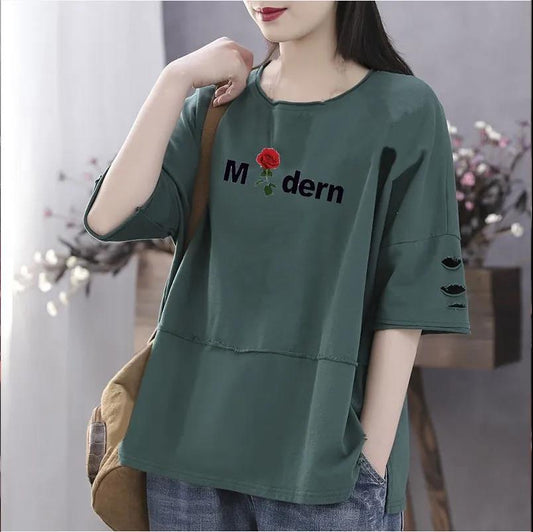 Large Size English Printed T-shirt Short Sleeve Pullover Women Casual Cotton Shirt Summer