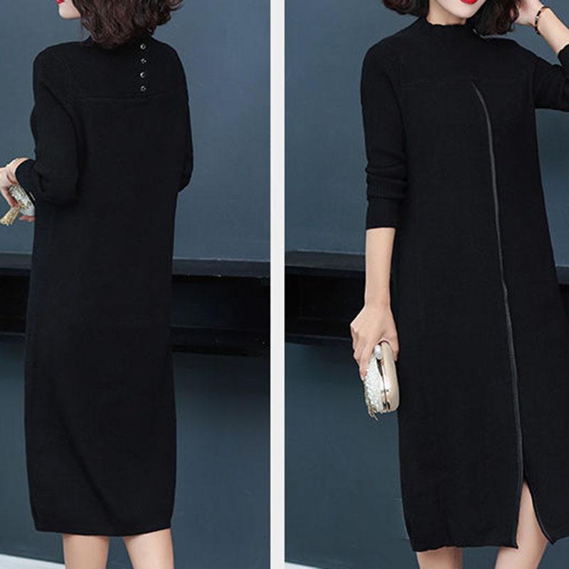 Autumn and Winter Knitted Long Dress Over The Knee Loose Clothes Large Size Base Skirt Pure Color Simple Female Sweater Dress