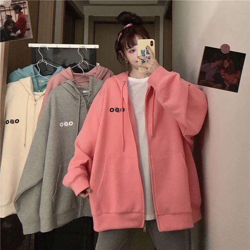 Autumn Sweater Student Cute Hooded Cardigan Sweater Female Ins Plus Velvet Thick Zipper Jacket Long Sleeve Cardigans for Women