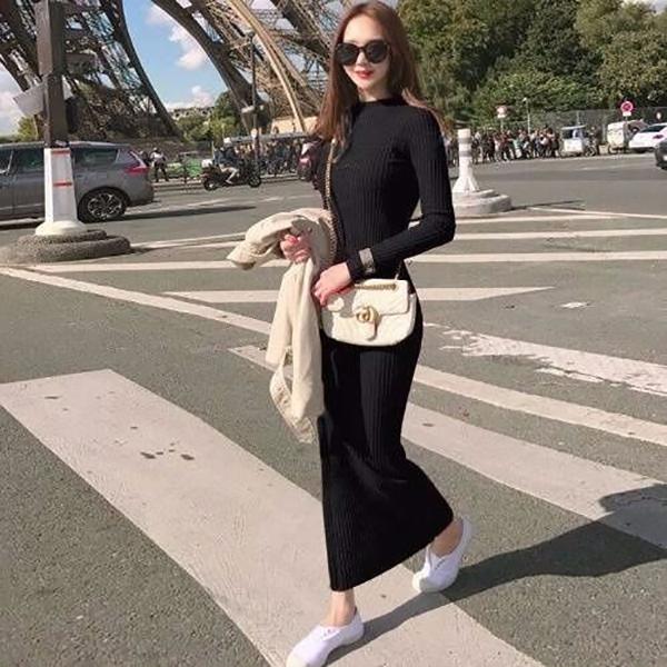 Autumn and Winter Fashion Super Long Women's Sweater Dress Over-the-knee Base Knitted Long V-neck Slim Dress