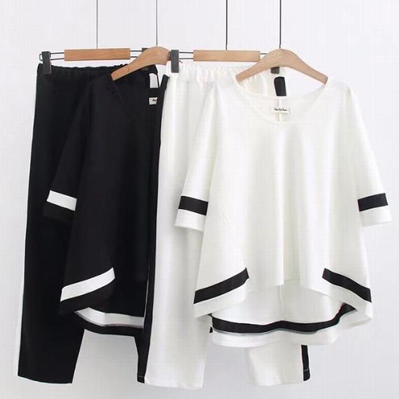 WTEMPO 2pcs Black White Suit Women Shirt Elastic Waist Shorts Short Sleeves L-XXXXXL Casual Two-piece Suit