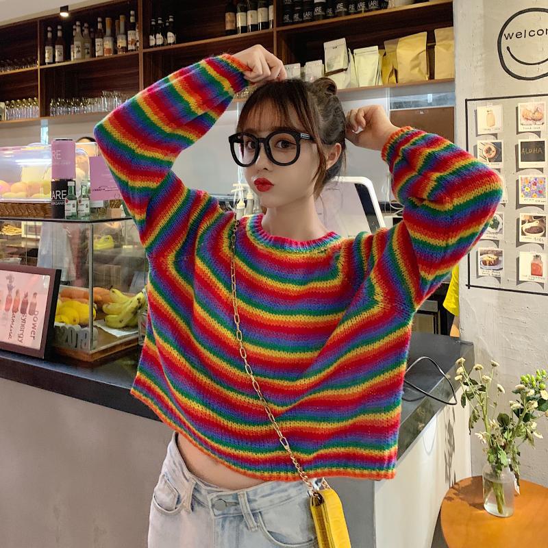 Short Rainbow Striped Sweaters Women Jumpers Knitted O-neck Loose Pullover Long Sleeve Knit Sweater Winter Female