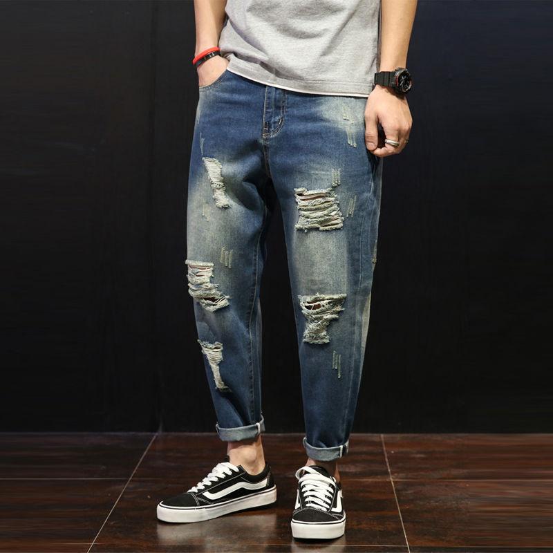 Summer Thin Ripped Jeans Men's Loose Large Size Straight Cropped Trousers