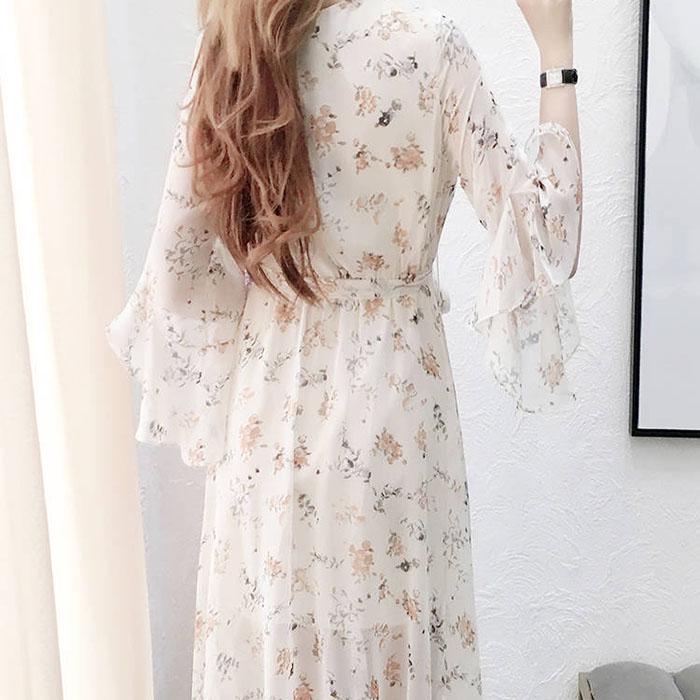 Pofulove M-4XL Women Summer Floral Chiffon Dress Slim Short-sleeved V-neck A-line Beach Dresses