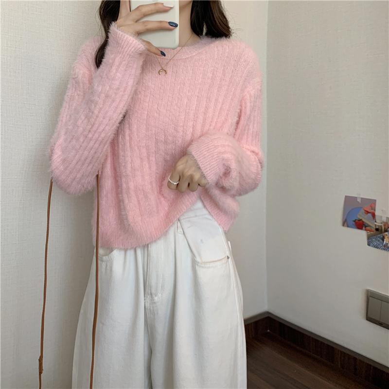 Pink Sweater Women Knitted Pullover Sweater O Neck Long Sleeve Loose Casual Jumper Furry Fall Winter Women Sweater Cropped Tops Short Clothes