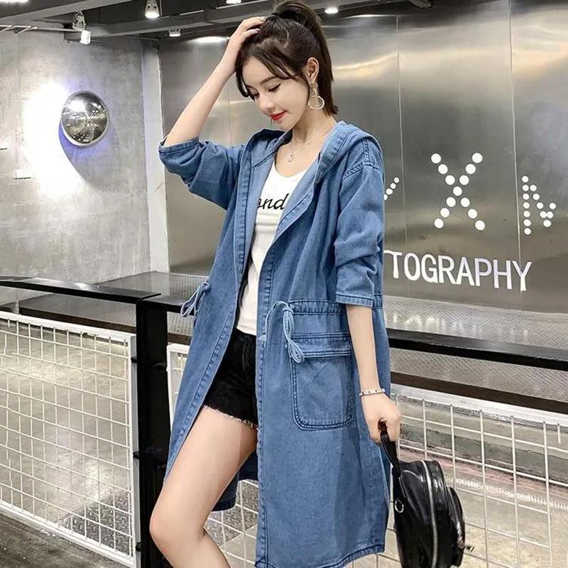 Long Denim Jacket Women's Wild Loose BF Casual All-match Windbreaker Women's Waist Hooded Denim Windbreaker Warm Jacket