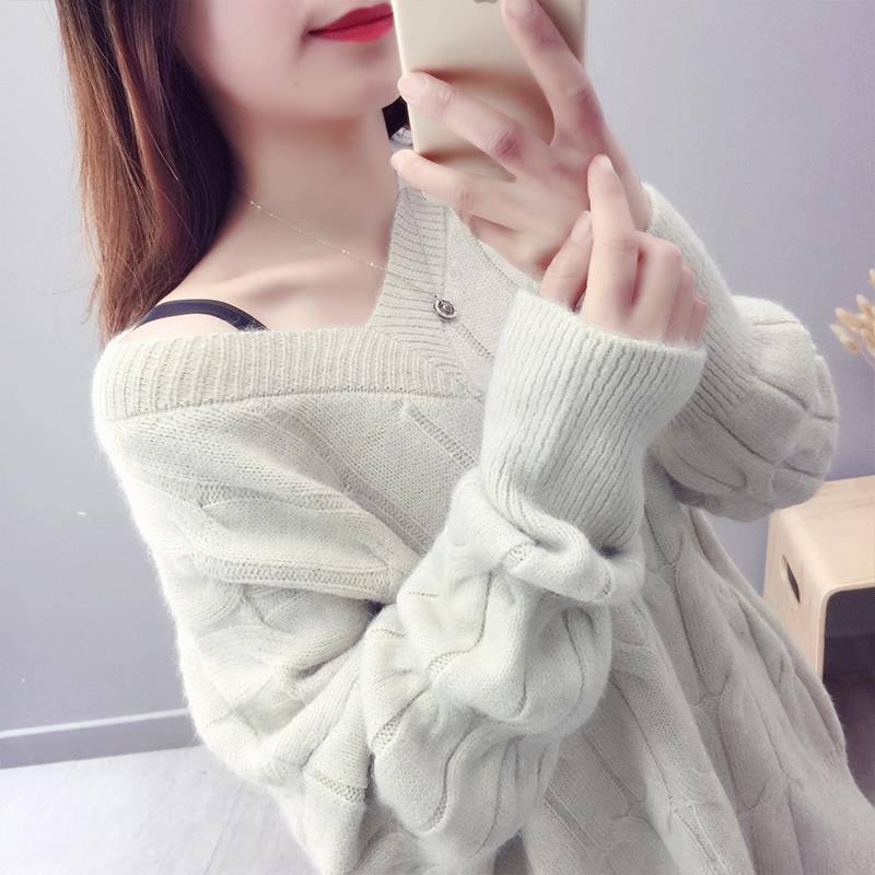 Knitted Sweater V-Neck Long Sleeve Pullovers Loose Coat Casual Autumn Winter Women's Sweater