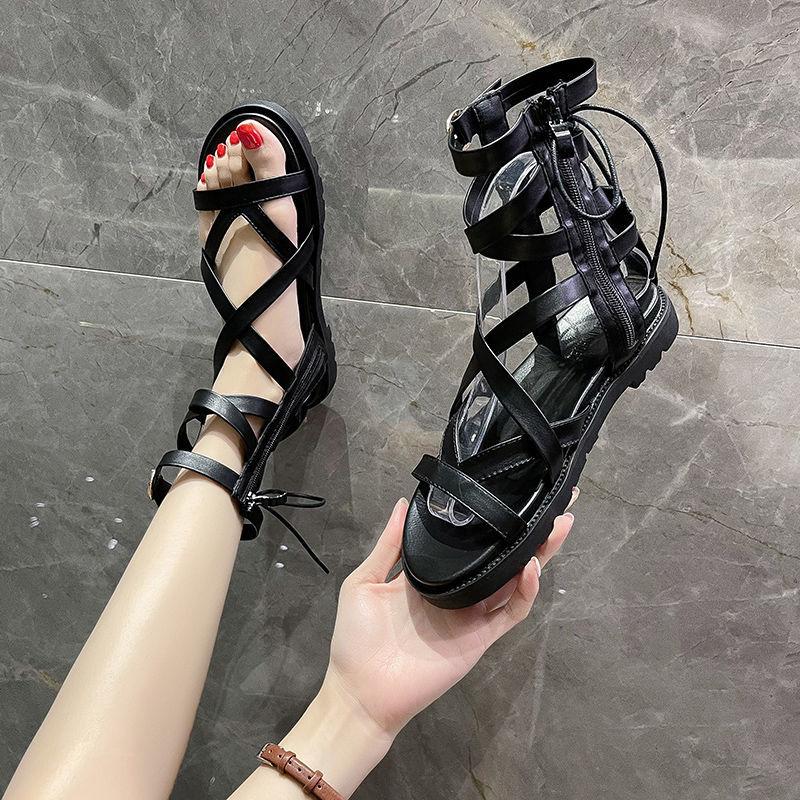 Sandals Women Summer All-match Flat-bottomed Roman Shoes Women's Zipper Flat-bottom Non-slip High-top Buckle Roman Sandals