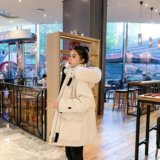 Women's Mid-length Down Padded Jacket Korean Fashion Women's Thick Loose Large Fur Collar Padded Jacket