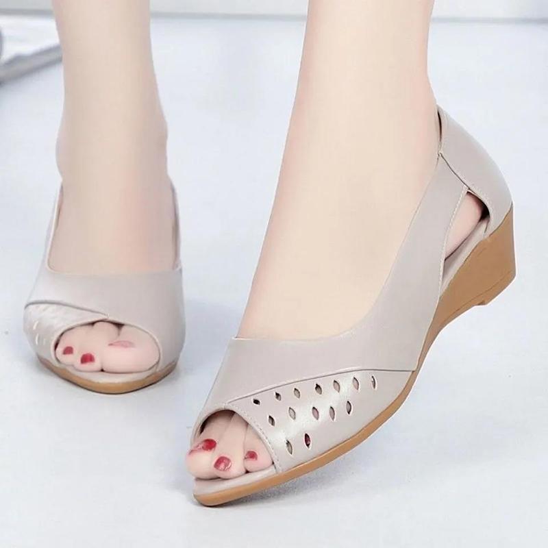 Real Soft Leather Sandals Women Summer Tendon Sole Wedge Sandals Soft Sole Comfortable New Fish Mouth Women's Shoes