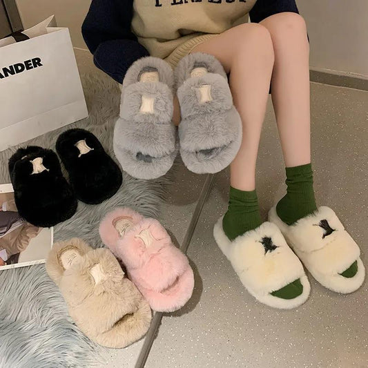 Ladies Cotton Slippers Plush Slippers Fall Winter Fashion Outer Wear All-match Flat Flat Shoes