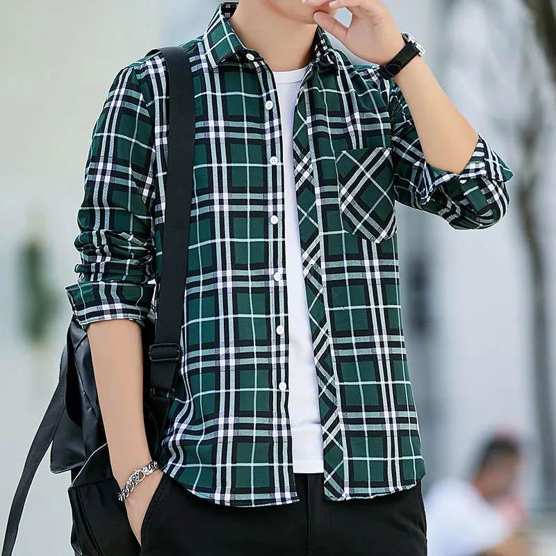 Men's Plaid Shirts Long Sleeve Trend Slim Shirts Youth Handsome All-match Lapel Shirts Men's Business Tops Inner Shirts