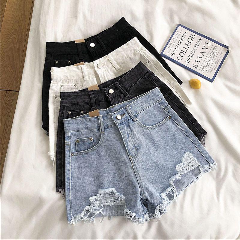 Light-colored Denim Shorts Women's High Waist Summer New Style Korean Loose Loose Holes and Raw Edges Are Thin