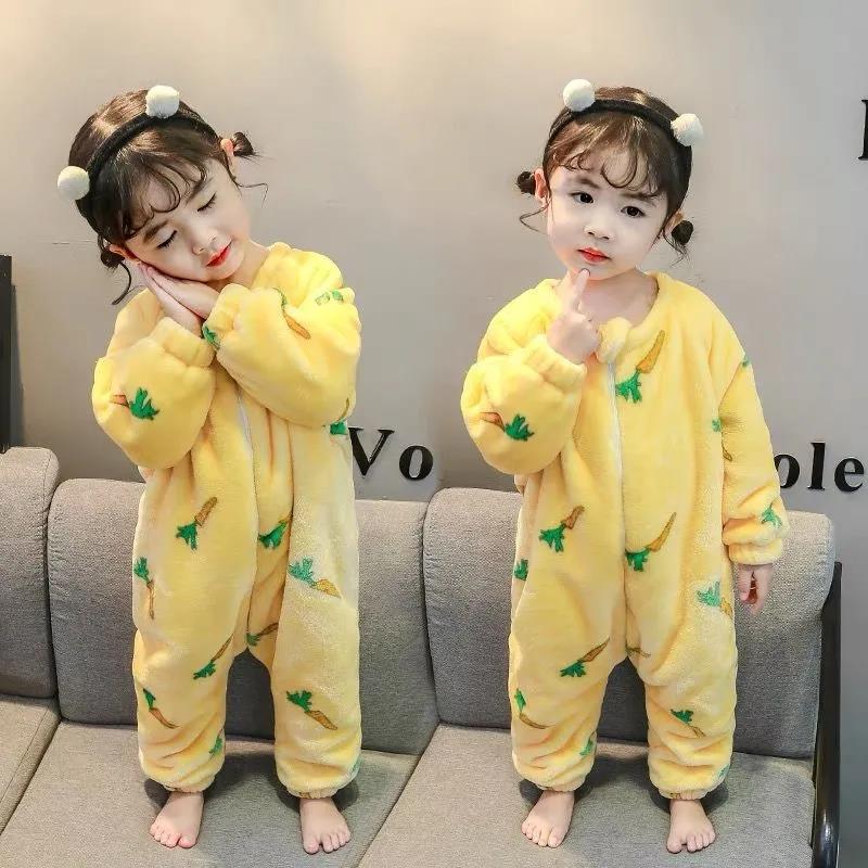 Baby One-piece Pajamas Autumn and Winter Plus Velvet Thickening Baby Flannel Sleeping Bag Boys and Girls Coral Velvet Home Service