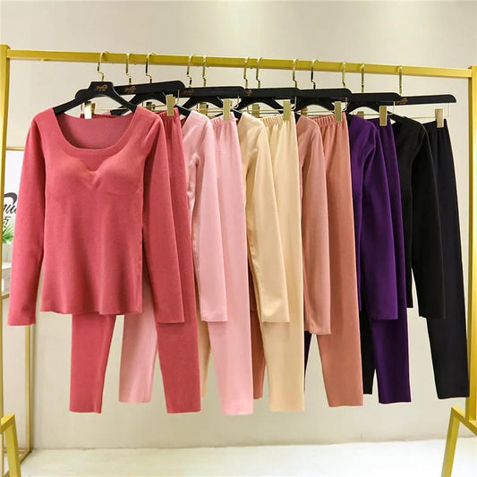 All-in-one Thermal Underwear Set with Chest Pad Two-piece Female Autumn Winter Plus Velvet Self-heating Bottoming Shirt