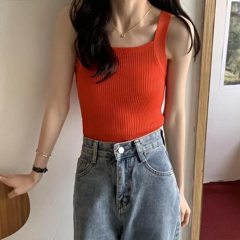 Solid Color Knitted Vest Women's Summer Thin Outer Wear Short Bottoming Suspender Top