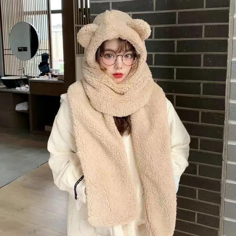 Women's All-match Cute Autumn and Winter Warm Hat Double-layer Thickening One-piece Three-purpose Hat Bear Ears Scarf Gloves Fleece Warm Caps Set