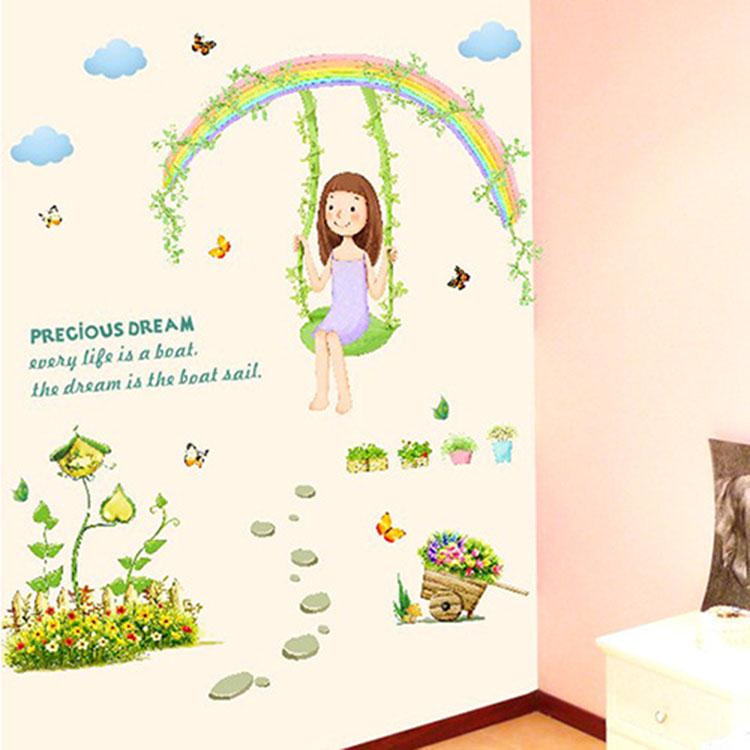 Cartoon Rainbow Swing Girl Wall Sticker Kids Room Bedroom TV Background Wall Decoration Sticker