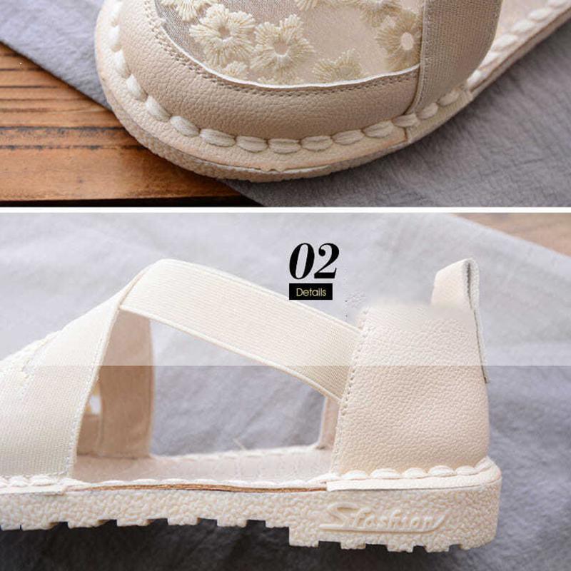 Ladies Casual Flat Loafers Ladies Knitted Embroidery Hollow Casual Sandals Flat Soft Leather Toe Cap Sandals Comfortable and Lightweight