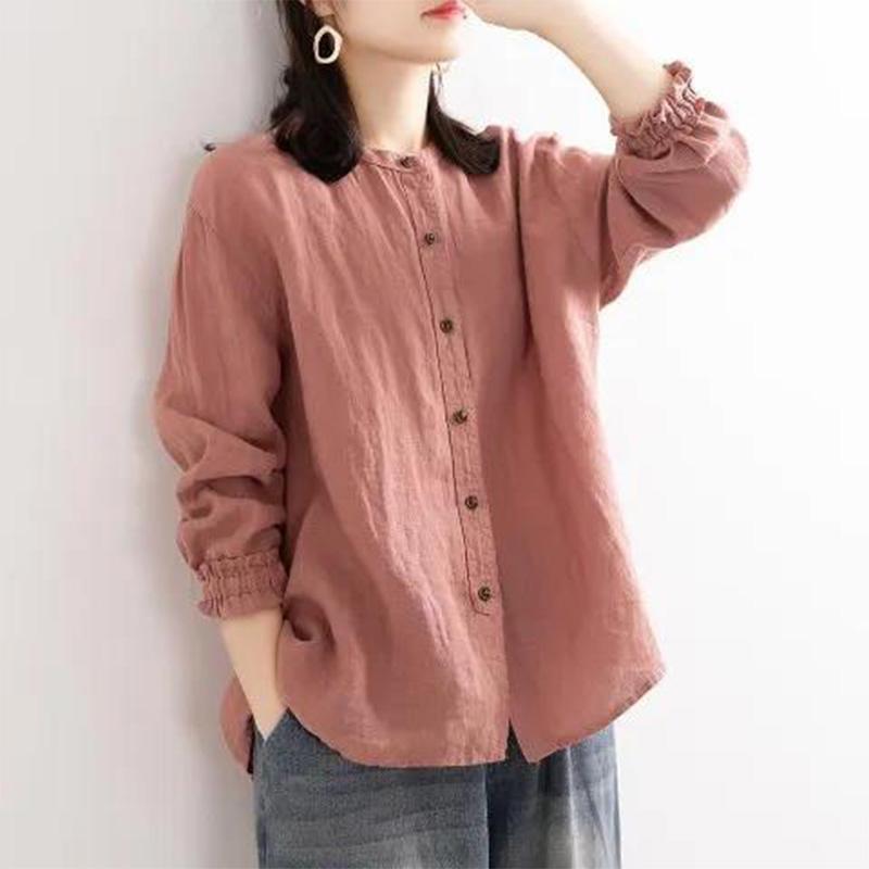 Literary Retro Spring and Autumn Cotton and Linen Shirt Women's Loose Round Neck Shirt Jacket Casual Jacket Closed Sleeve Top Women