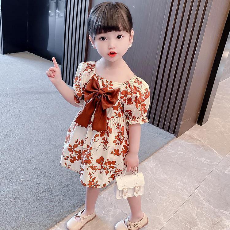 Children Dress Spring Summer Girls' Bow Chiffon Dress Floral Skirt Short Sleeve Girdle Princess Skirt A-line Dress