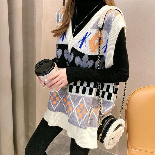 College Style Autumn and Winter V-neck Knitted Vest Women Spring and Autumn Loose Sleeveless Sweater Casual Color Matching Student Waistcoat