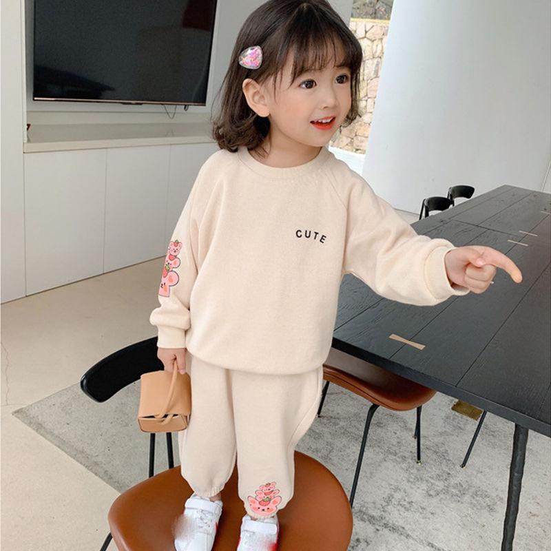 Girls' Suits Spring and Autumn Girls' Baby Children's sets Children's Two-piece Sweater Suits Solid Color Loose Casual Suits