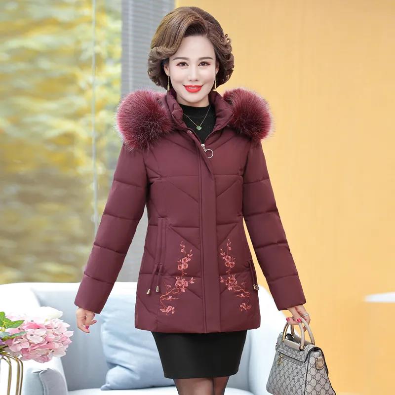 Winter Down Cotton Jacket Fashion Fur Collar Hooded Mid-length Jacket Thick Warm Cotton Jacket Suitable for Middle-aged Women