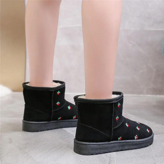 Thick Warm Winter Snow Boots Women's Short Tube Korean Version Plus Velvet Boots Embroidery Strawberry Cute Student Cotton Shoes