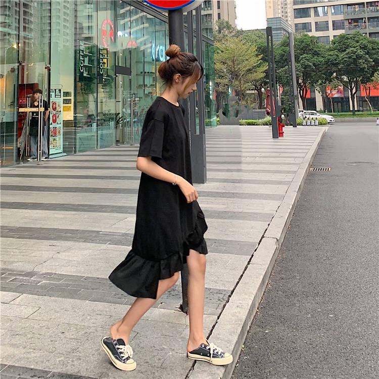 Loose Short-sleeve T-shirt  Calf-length Ruffles Dress Holiday Beach Asymmetrical Dress