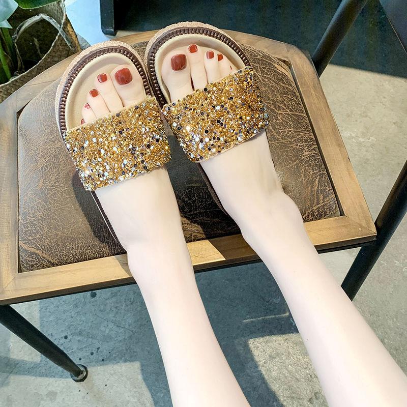 Slippers Women’s Summer Fashion Outer Wear Sponge Cake Thick Bottom Flip Flops Sequins Sandals Flat Sandals Beach Shoes