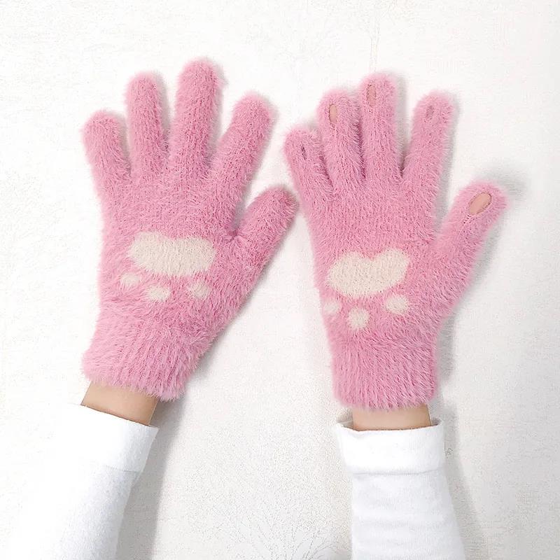 Women's Winter Warm Gloves Cold-proof Cute Sweet Cartoon Dog Paws Plus Velvet Thick Touch Screen Show Finger Five-fingers Cycling Writing Mittens