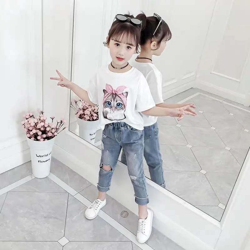 Children's Clothing Girls Summer Short-sleeved Jeans Two-piece Children's Korean Style Fashion Summer Loose Breathable Casual Suit