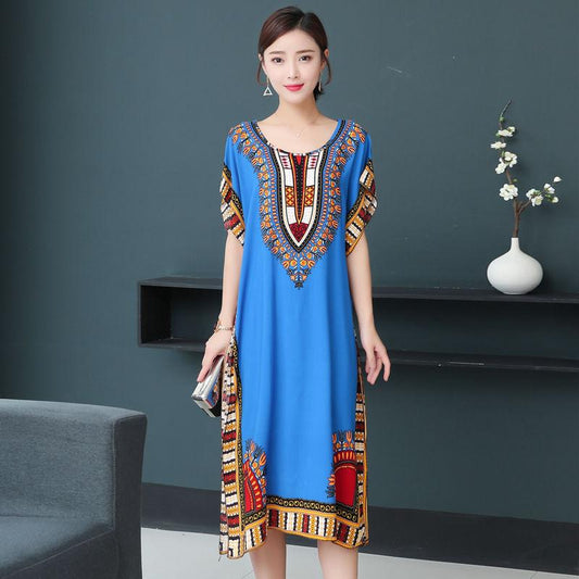 Women Summer Vintage High Waist Short Sleeve Mid-length Dress Elegant Loose Round Collar Print Casual Dress